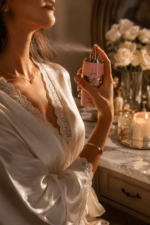 Femme élégante vaporisant un parfum de luxe dans une ambiance lifestyle raffinée et lumineuse