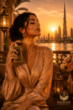 Femme vaporisant le parfum Ajwad Lattafa dans une ambiance luxe inspirée de Dubaï