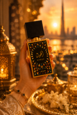 Main tenant le parfum Ajwad Lattafa dans une ambiance luxe orientale chaleureuse