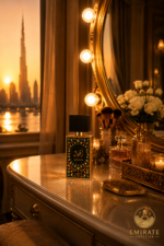 Parfum Ajwad Lattafa posé sur une coiffeuse luxe ambiance orientale élégante