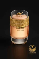 Flacon Arabia Madame – parfum oriental féminin Le Chameau, doré avec bouchon chameau, notes d’agrumes, rose, jasmin, vétiver et vanille