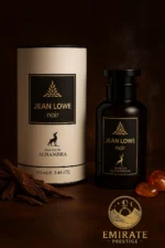 Jean Lowe Noir parfum oriental boisé avec flacon et boîte – oud, ambre, cuir et framboise – Emirate Prestige.