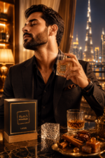 homme élégant portant Khamrah Lattafa dans une ambiance luxe et chaleureuse