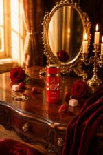 Flacon du parfum Lattafa Yara Candy rouge et or posé sur une coiffeuse baroque en bois, entouré de roses rouges, framboises, guimauves roses et bijoux dorés, avec un miroir oval doré et des bougies allumées en arrière-plan