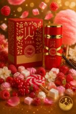Flacon et boîte du parfum Lattafa Yara Candy rouge et or entourés de framboises, fraises, guimauves, sucettes, barbe à papa et pétales de fleurs sur fond doré, logo Emirate Prestige