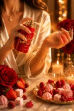 Femme en robe de satin crème vaporisant le parfum Lattafa Yara Candy rouge et or sur son poignet, entourée de roses rouges, fraises, framboises, guimauves et bougies allumées sur un marbre doré