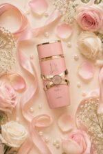Flacon du parfum Lattafa Yara rose et or photographié en flat lay entouré de roses roses et blanches, pétales et perles sur fond crème