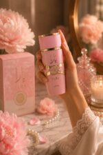 Main féminine aux ongles roses tenant le flacon du parfum Lattafa Yara rose et or, avec la boîte rose, des pivoines et un collier de perles sur un marbre