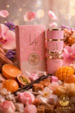 Flacon et boîte du parfum Lattafa Yara rose et or entourés d'oranges, mangue, fruit de la passion, vanille, guimauves et orchidées avec des pétales tombants