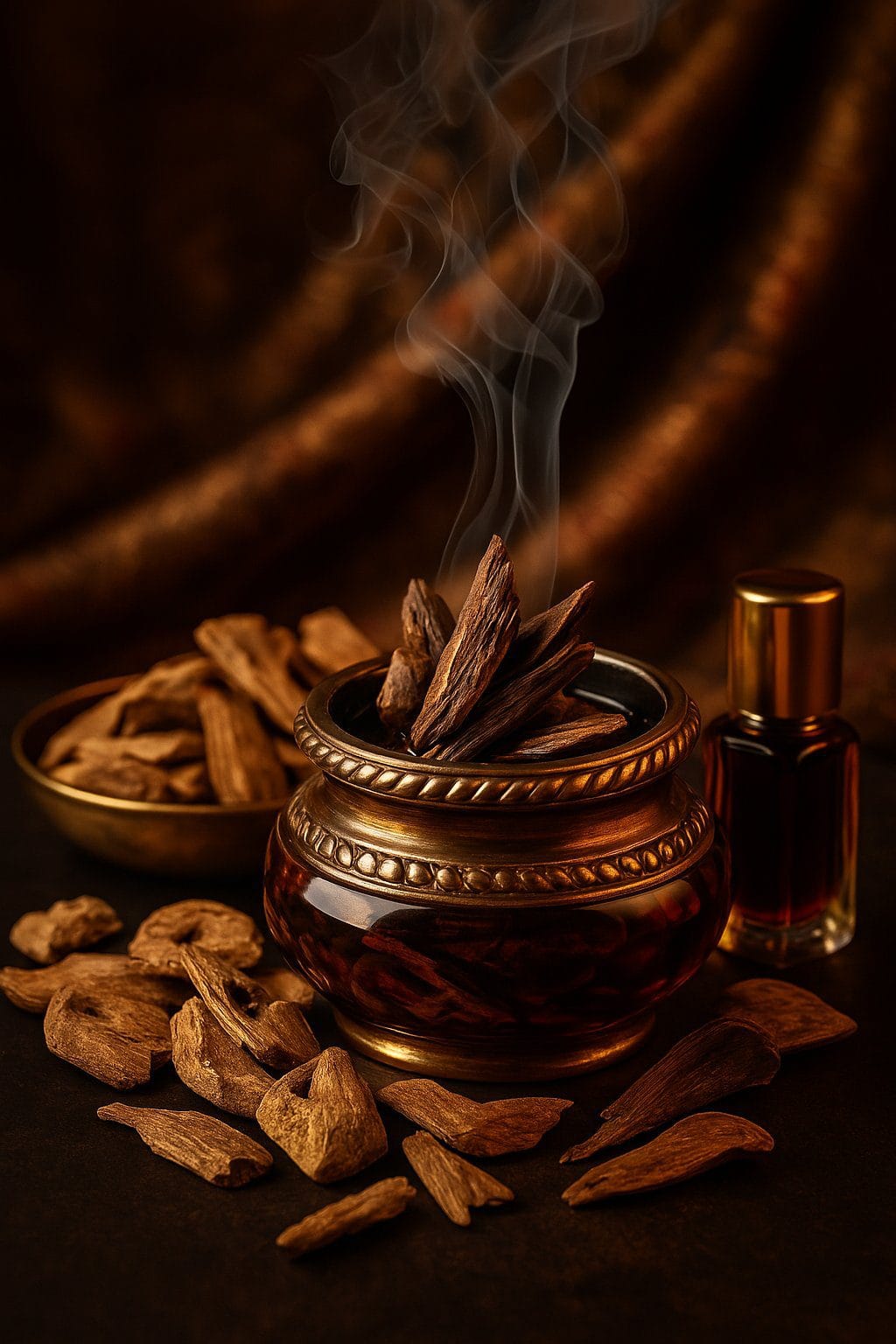 Encensoir traditionnel avec fumée parfumée de Oud brûlé, ambiance orientale luxueuse