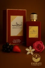 Flacon rouge Ameerat Al Arab Asdaaf 100 ml avec coffret doré – parfum femme oriental floral & ambré aux notes de cassis, fraise, rose, jasmin, musc, ambre, bois de santal