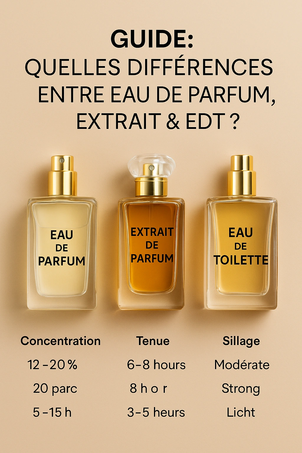 Eau de Parfum vs Eau de Toilette Extrait – différences de concentration, tenue et sillage