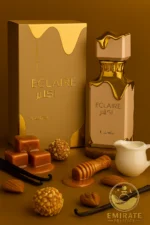 Éclaire Lattafa – Parfum oriental gourmand femme, flacon et boîte, caramel vanille