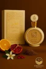 Flacon du parfum Fakhar Lattafa Women avec sa boîte dorée, présenté par Emirate Prestige