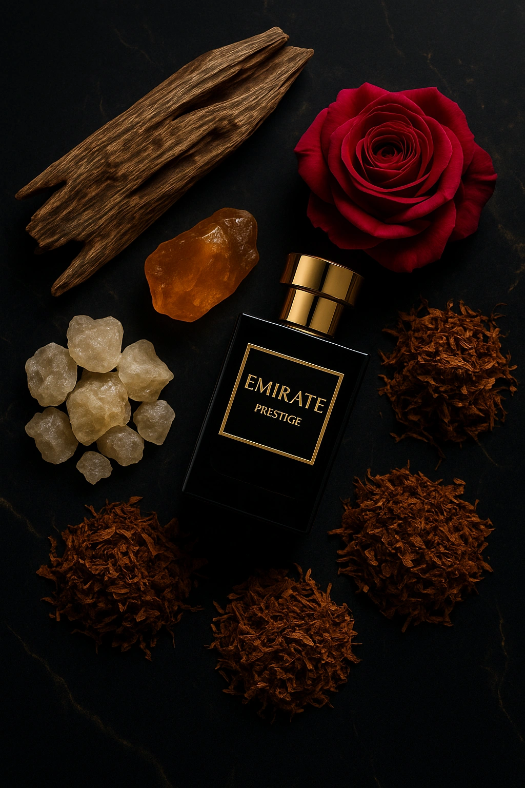 5 Ingrédients Orientaux parfum de Dubaï – oud, ambre, musc, rose et tabac – Emirate Prestige