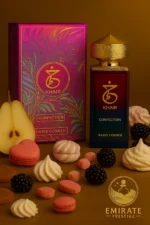 Flacon Khair Confection 100 Ml Paris Corner, parfum gourmand mixte aux notes de poire, crème fouettée, jasmin et guimauve, présenté sur fond doré avec éléments sucrés – Emirate Prestige