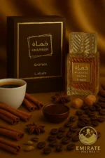 Coffret et flacon du parfum Khamrah Qahwa de Lattafa, eau de parfum oriental mixte au café, épices et vanille.