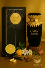 Emaan Lattafa – parfum oriental mixte 100 ml, flacon et boîte en mise en scène lifestyle luxueuse