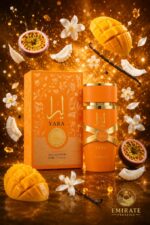 Flacon et boîte du parfum Lattafa Yara orange mat et or posés sur surface ambrée, entourés d'ingrédients flottants : mangue, noix de coco, fruit de la passion, jasmin, fleur d'oranger et vanille sur fond doré scintillant, logo Emirate Prestige