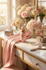 Flacon parfum Marshmallow Blush Paris Corner sur une coiffeuse en marbre dorée entourée de roses roses blanches et accessoires vintage dans une lumière dorée