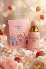 Femme en robe de soie appliquant le parfum Marshmallow Blush de Paris Corner sur son poignet, dans un salon lumineux avec des fleurs roses
