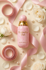 Flacon parfum Marshmallow Blush Paris Corner posé sur fond crème entouré de rubans roses satinés roses blanches et perles