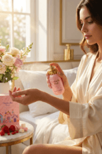 Femme élégante en robe de soie crème qui spraye le parfum Marshmallow Blush de Paris Corner sur son poignet dans un intérieur lumineux fleuri