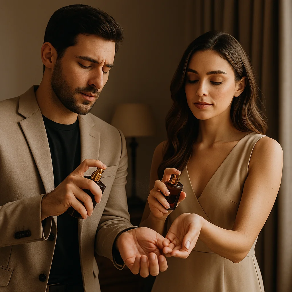 Porter un Parfum Oriental Un homme et une femme appliquent un parfum oriental sur leur poignet, symbole d’élégance et de raffinement.