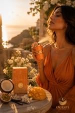 Femme vaporisant le parfum Yara Orange Lattafa au coucher du soleil ambiance tropicale luxe