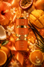 Flat lay parfum Yara Orange Lattafa avec mangue noix de coco et fleurs tropicales