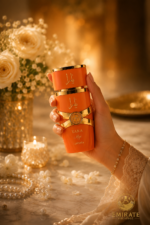 Main tenant le parfum Yara Orange Lattafa ambiance luxe dorée