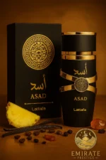 Image du parfum Asad de Lattafa, flacon noir et or avec sa boîte, sur fond doré – parfum oriental boisé et épicé pour homme disponible sur Emirate Prestige.