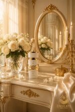 Flacon du parfum Lattafa Yara Moi blanc et or posé sur une coiffeuse baroque blanche et or, entouré de roses blanches en vase cristal, fleurs de jasmin, miroir oval doré, bougeoir et satin ivoire drapé, logo Emirate Prestige