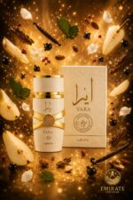Flacon et boîte du parfum Lattafa Yara Moi blanc et or posés sur surface dorée, entourés d'ingrédients flottants : tranches de poire, cassis, poivre rose, jasmin, amandes, vanille et bois de cachemire sur fond doré scintillant, logo Emirate Prestige
