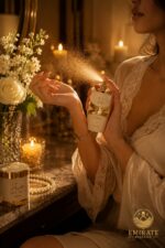 Femme élégante en robe de dentelle blanche vaporisant le parfum Lattafa Yara Moi blanc et or sur ses mains, spray doré scintillant visible, roses blanches et jasmin en vase cristal, bougies allumées, collier de perles et bracelet diamant, logo Emirate Prestige