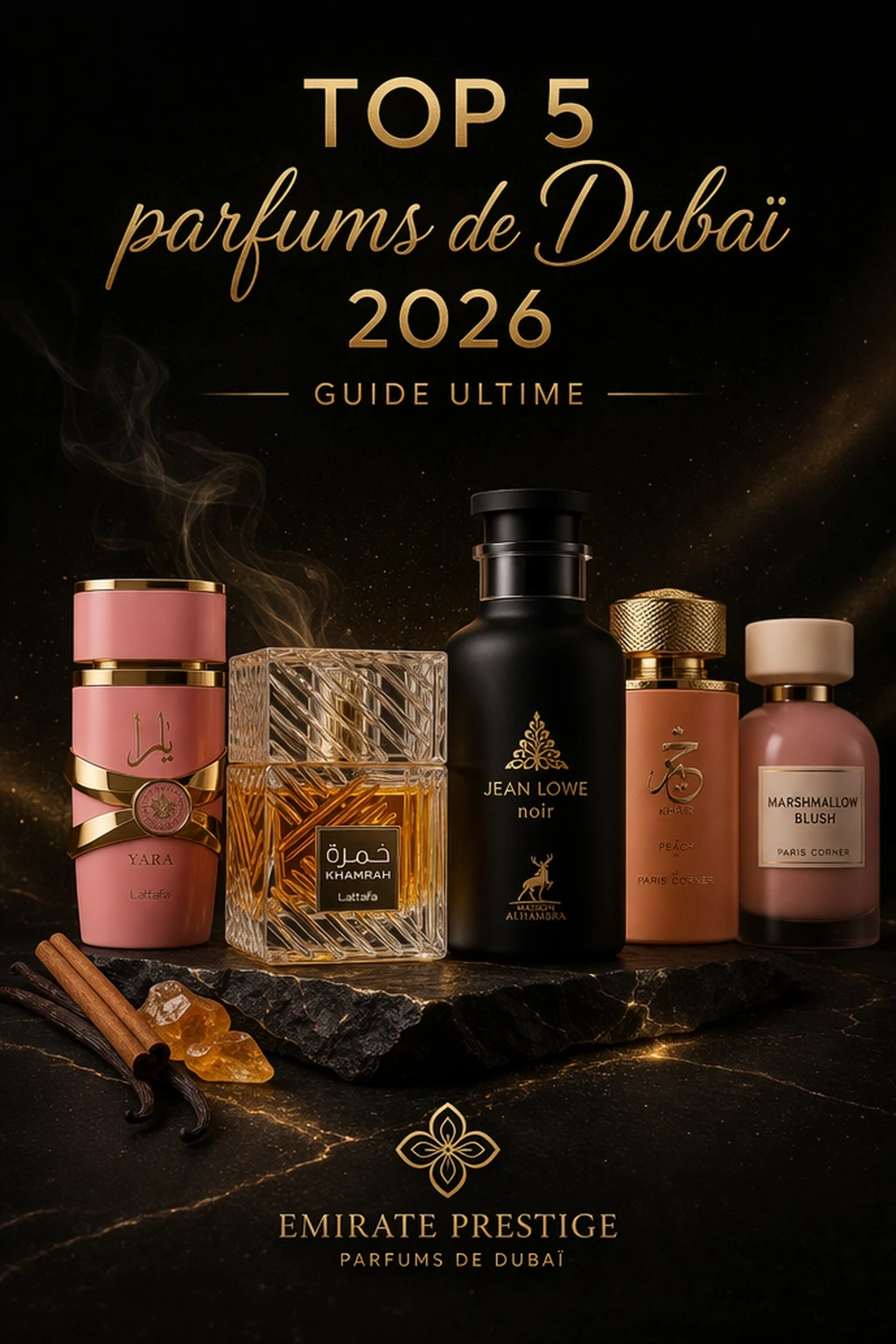 Découvrez le Top 5 parfums de Dubaï incontournables en 2026 avec Khamrah, Yara Candy, Jean Lowe Noir, Khair Peach et Marshmallow Blush. Une sélection de parfums orientaux incontournables.